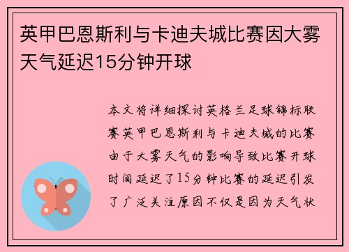 英甲巴恩斯利与卡迪夫城比赛因大雾天气延迟15分钟开球 英甲巴恩斯利与卡迪夫城比赛因大雾天气延迟15分钟开球